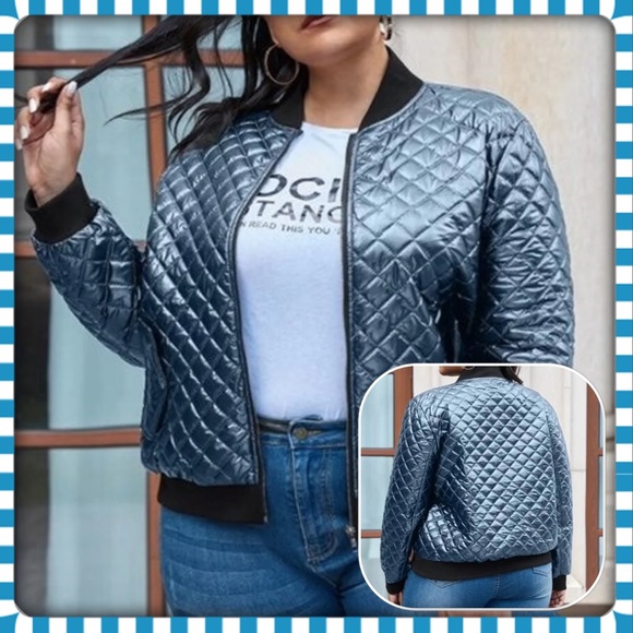 SHEIN Jackets & Blazers - Plus Size Dusty Blue Quilted Bomber Jacket